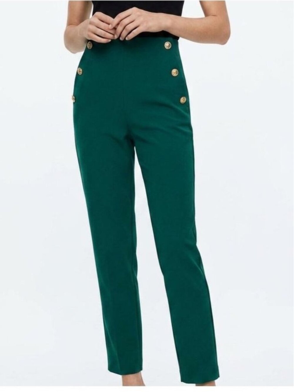 Zara Emerald Green Ankle Pants w/Gold Buttons 306 work party trendy chic stretch